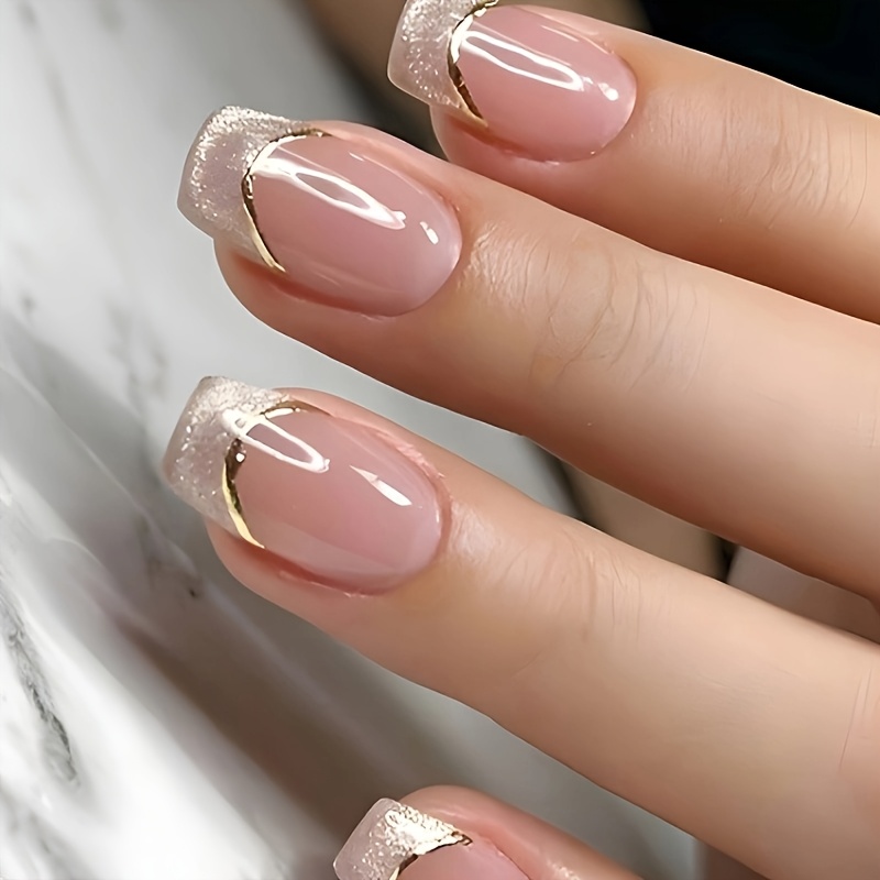 TEMU 48pcs Pink Gradient Square Cat Eye Press On Nails - Short Length Glossy Fake Nails With Golden Accents For , Easy Application & Gift For , Stylish Nail Art, Elegant Nail Design, Cat-eye Shape