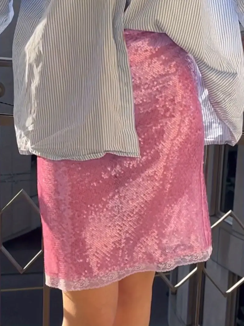 womens sequin lace trim low waist midi skirt pink glitter - Temu womens sequin lace trim low waist midi skirt pink glitter - Temu