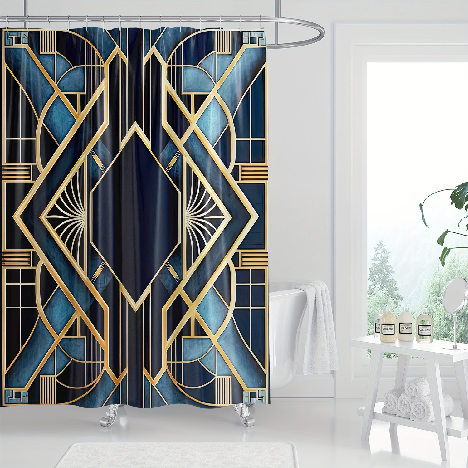 

1pc, Art Deco Shower Curtain, Blue And Gold Geometric Striped Grid Digital Print, Bathroom Decor, Home Decor, Machine Washable, Water-resistant Fabric