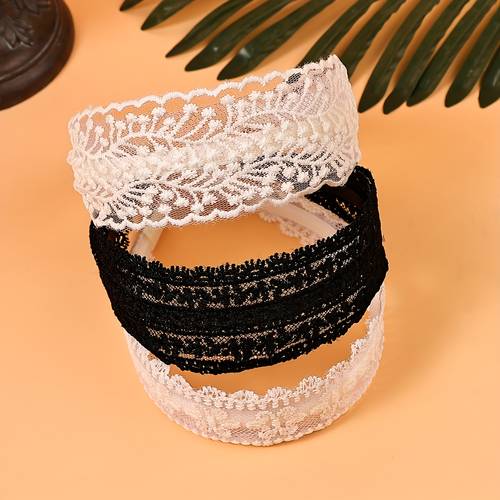 3pcs solid color lace elegant womens headbands exquisite botanical embroidery hair accessories for daily wear parties and travel