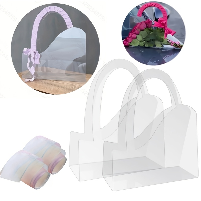 

Transparent Flower Bags For Bouquets Pet Floral Gift Bags With Handle Florist Supplies Packaging For Flower Shops On Valentine's Day, Wedding, Day, (2 Handbags+2 Ribbons)