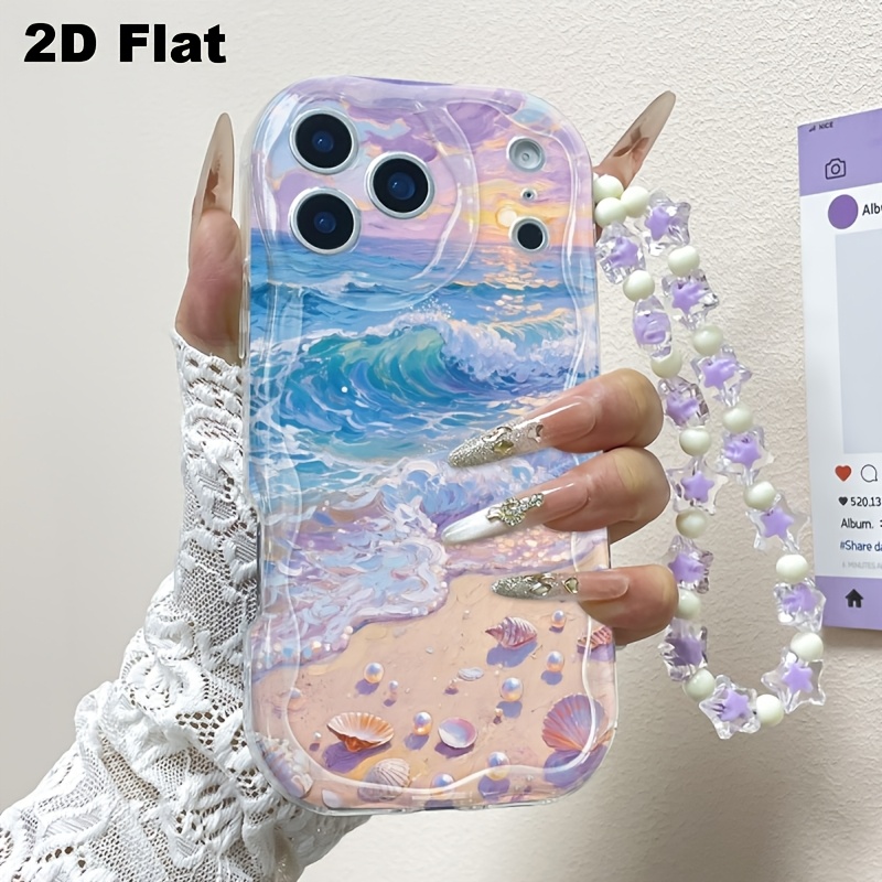 TEMU Phone Case: A Stylish And Sturdy Shockproof Phone Case With A , Featuring Purple Seaside Beach And Seashell Pearl Pattern With A Lanyard Chain.