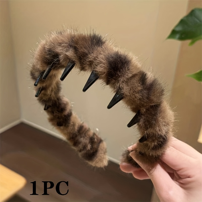 TEMU 1 Stück Herbst- und Winter-Plüsch-Leopardenmuster, gewelltes Stirnband mit Zähnen für Damen mit hohem Schädel-Top, Stirnband zum Gesichtwaschen,