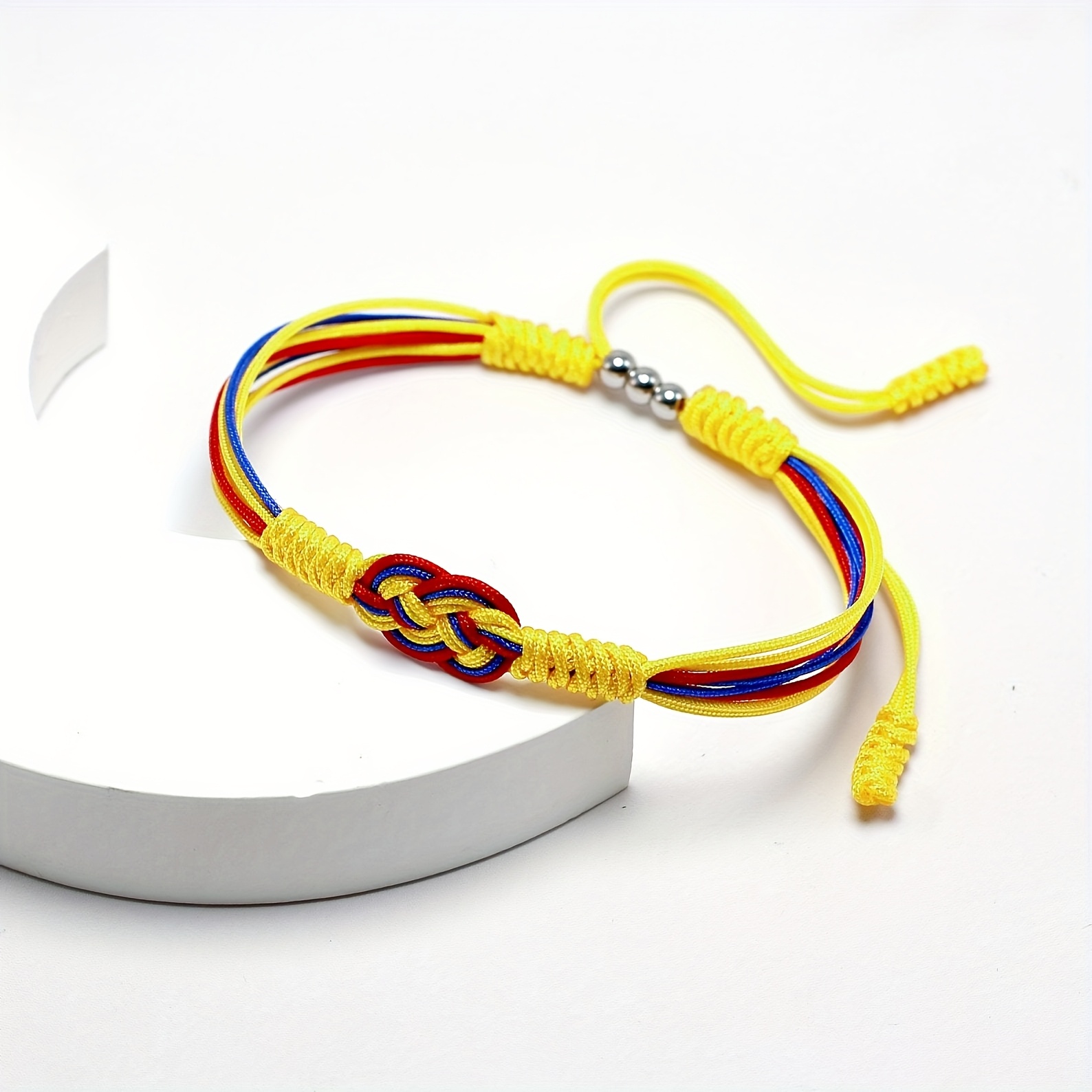 

Flag 3-color Braided Bracelet, Handmade, With 3 Silvery Acrylic Beads, Adjustable Size, Wrist 7.