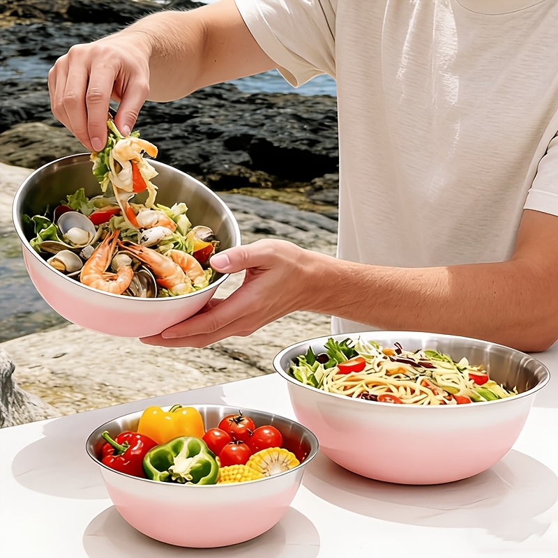 TEMU 3pcs Stainless Steel Mixing Bowl Set In Cute Pink, 3 Sizes Suitable For Whisking Eggs, , As Salad Bowls Or Dessert Bowls, Nestable To