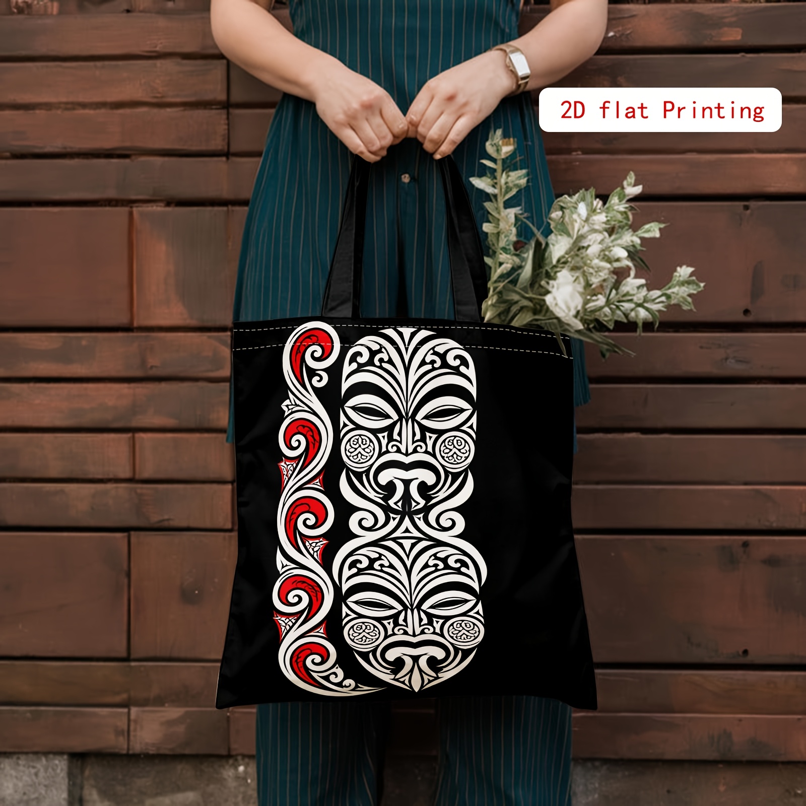 TEMU Women's Maori Tribal Tote Bag With Maori Mask Totem Print - Retro Crossbody Shoulder Bag Suitable For Daily Outfits, Parties & Festivals, Strap