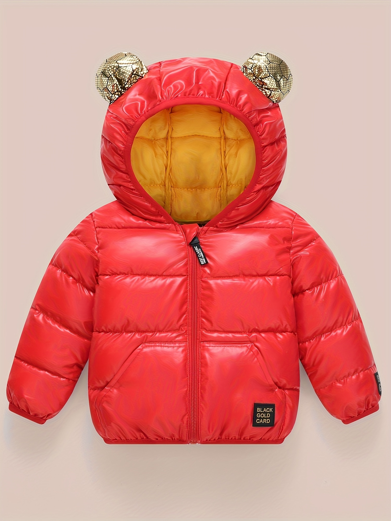 Nieuwe Herfst/Winter Kinderjas Zwart en Goud voor Jongens en Meisjes, Warme Capuchon Cartoon Jas, Dikke Gevoerde Jas met Oren