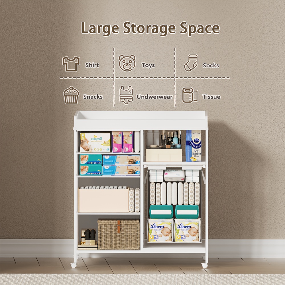 Baby Changing Dresser, 4-Drawer Baby Dresser with Changing Table Top, Diaper Changing Station & Pad, 2 Open Storage Shelves, Mobile Nursery Organizer, White