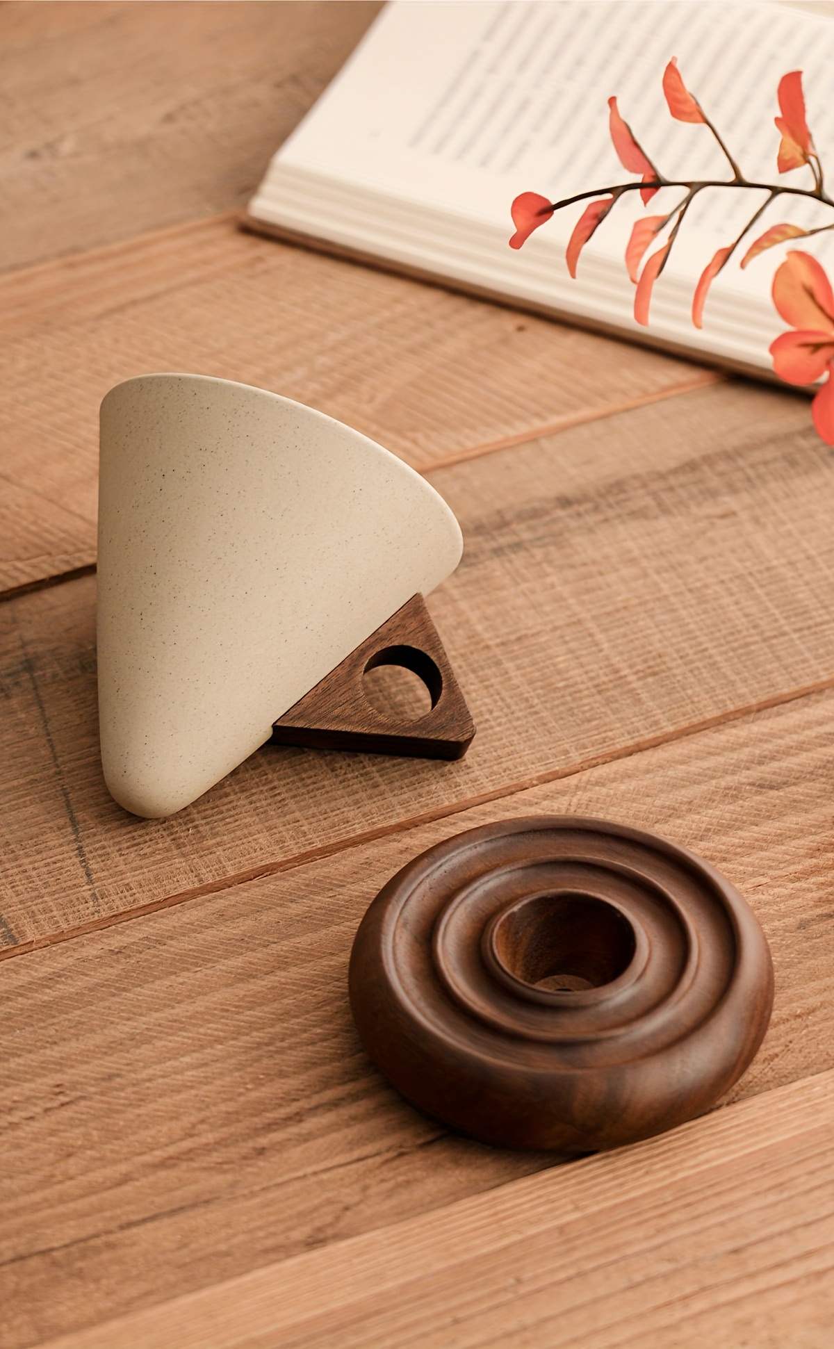 1 Thick Ceramic Handmade Coffee Cup with Wide Spout, Funnel Shape and Genuine Wooden Handle & Coaster Set for High-End Home Office Café Use - Ideal as a Present