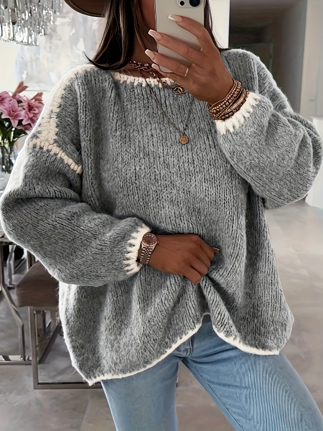 womens   block long sleeve pullover sweater round neck button detail casual fall spring style casual wear round neck sweater texture light grey 0