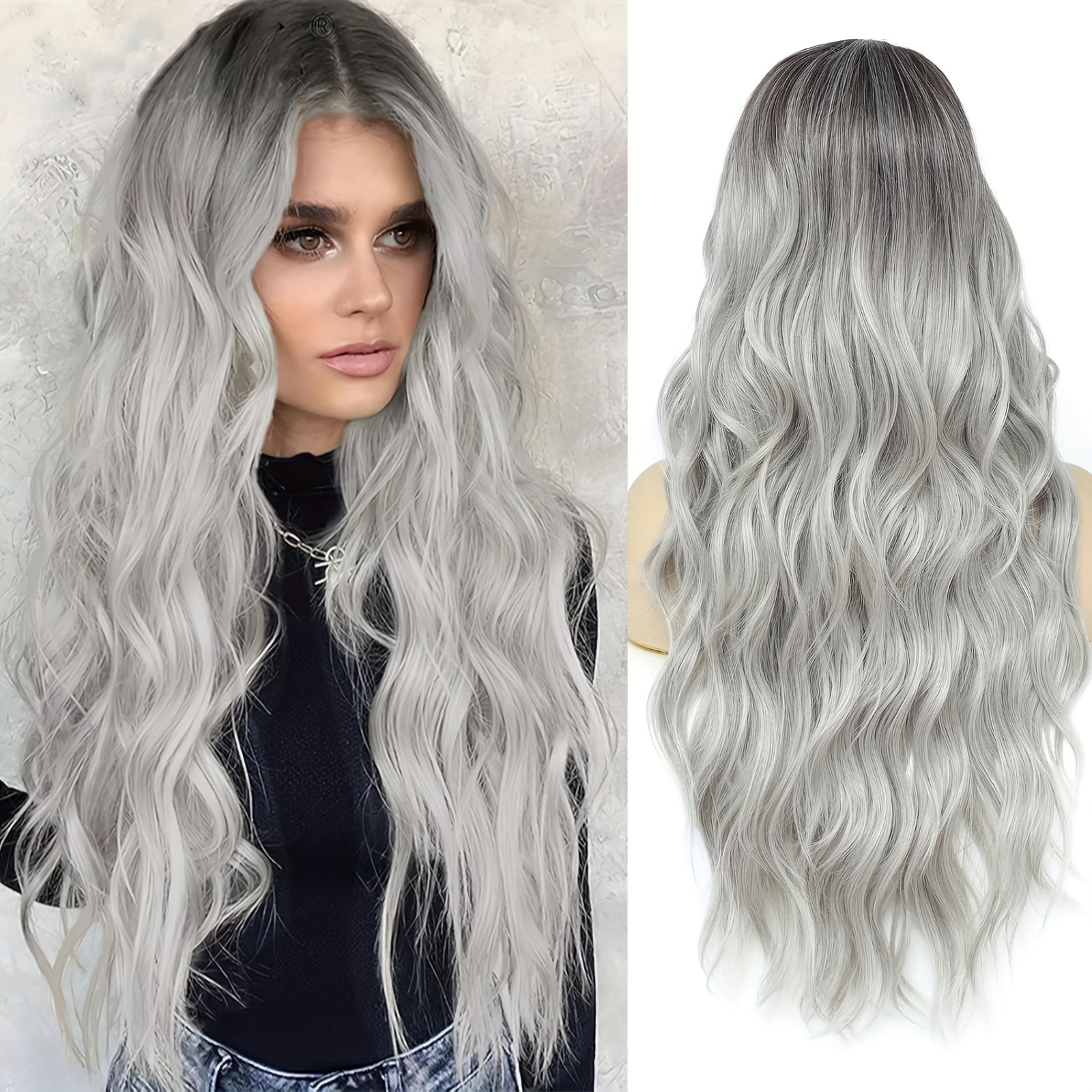 Temu 28-Calowa Peruka Z Falowanymi Pasmami W Gradientowym Odcieniu SzarośCi. Modna I Oryginalna, O OlśNiewająCym Stylu. Estetyczny Ton Siwizny-image