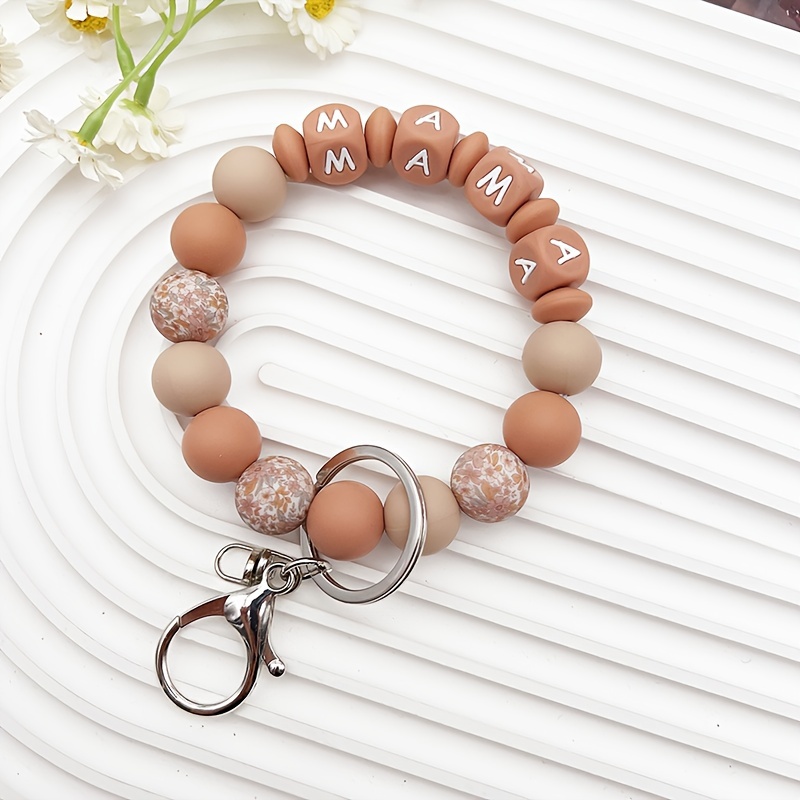 Image of A Brown Letter Beaded Keychain, Printed Silicone Mama Letter Bead Wrist Keyring, Bag Charm, A Gift For Mom