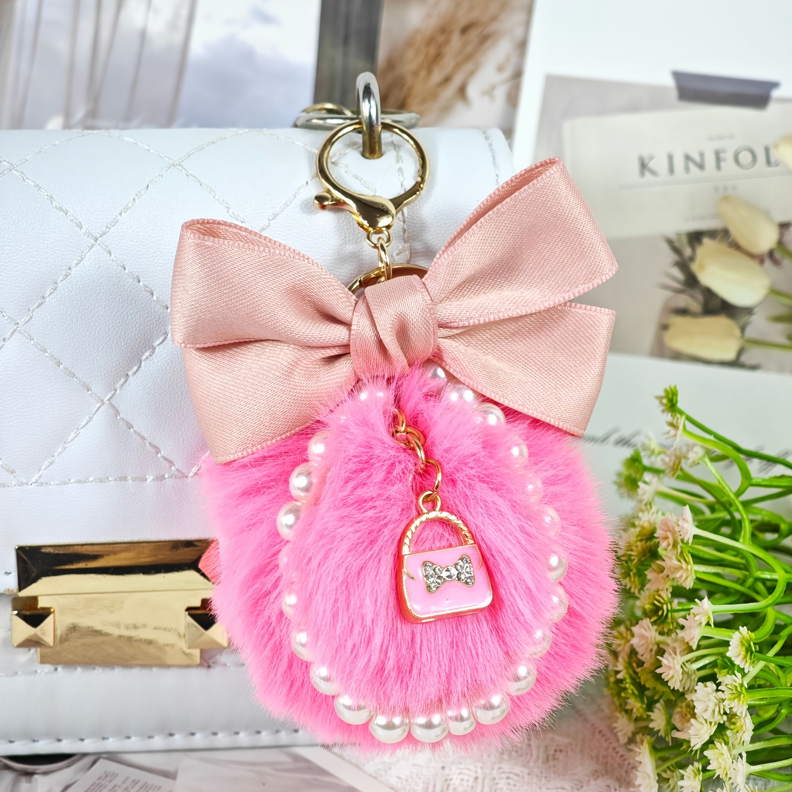 pom pom keychain imitation pearl button a car accessory