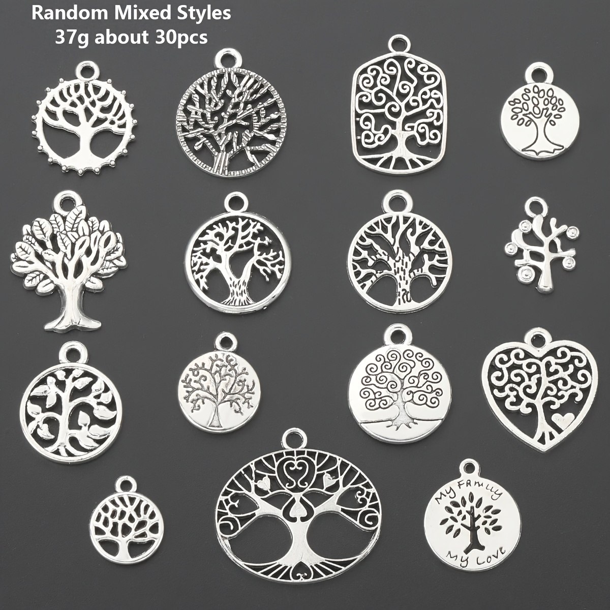 TEMU 30pcs (37g) Antique Silvery Random Mixed Pendant Tree Of Life Pendant Round Small Tree Pendant Alloy Hollow Heart Pendant Suitable For Handmade
