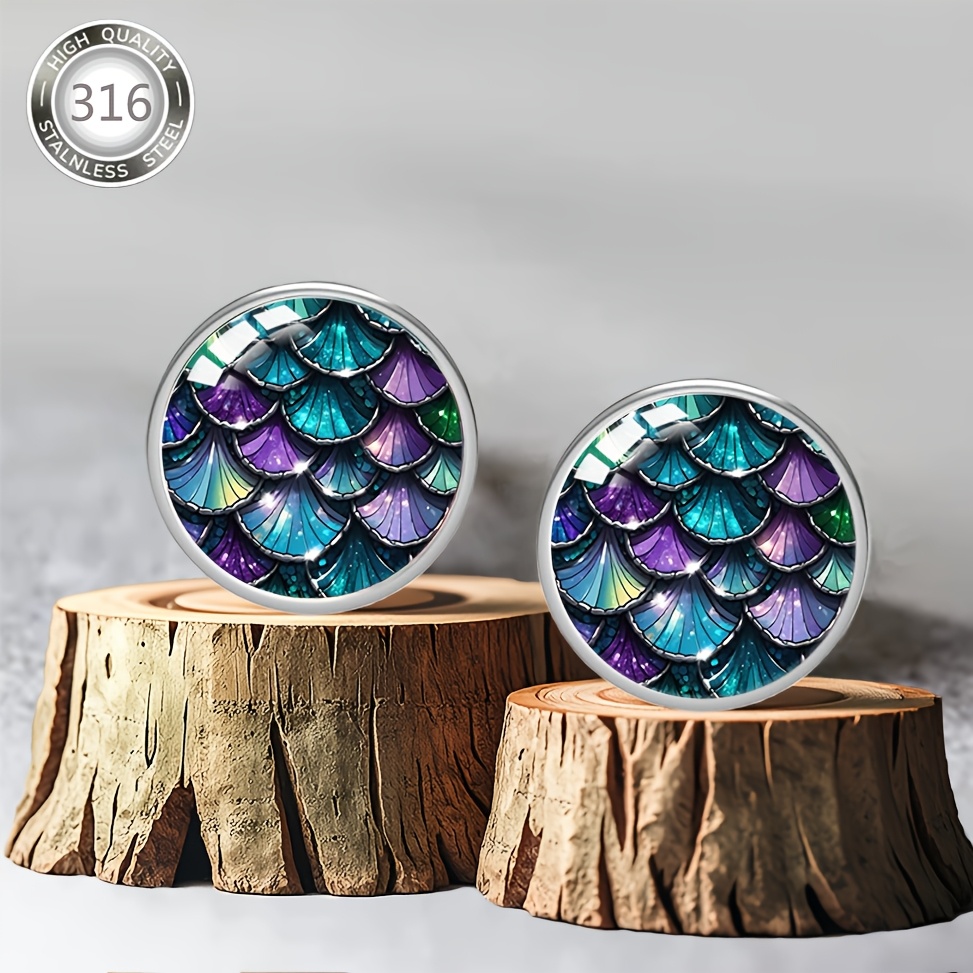 3pc Peacock Feather, Tree of Life, Mermaid Scale Stud Earrings Set