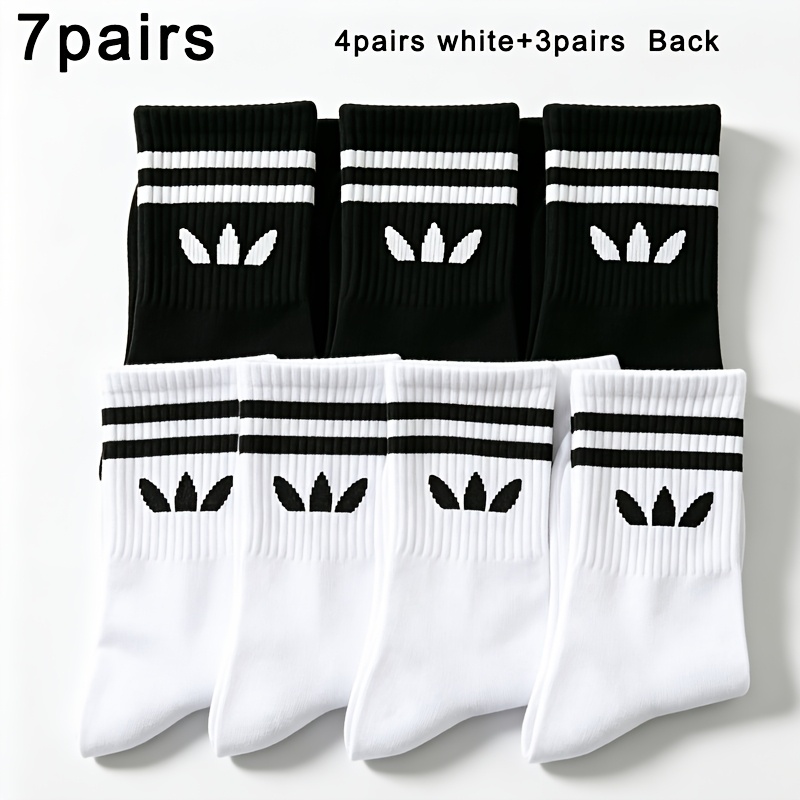 TEMU 2/7 Pairs Unisex Spring/summer Easy Solid Double-stripe Mid-calf Socks, Comfortable Breathable Fit, And White Mid-calf Socks