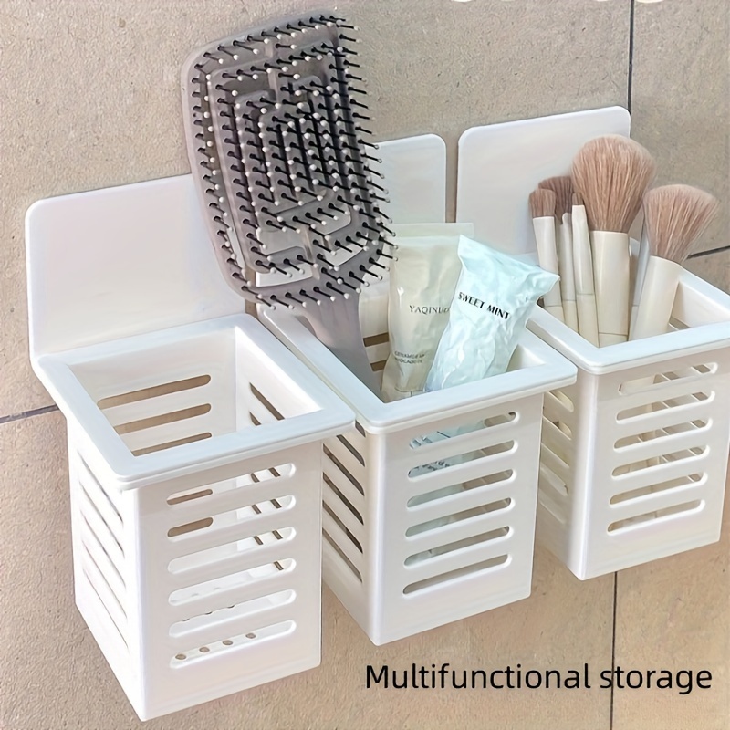 

1pc Plastic Bathroom Storage Organizer, Wall-mounted No-drill Dorm Caddy, Multifunctional Toothbrush Toothpaste Holder, Comb And Makeup Brush Organizer