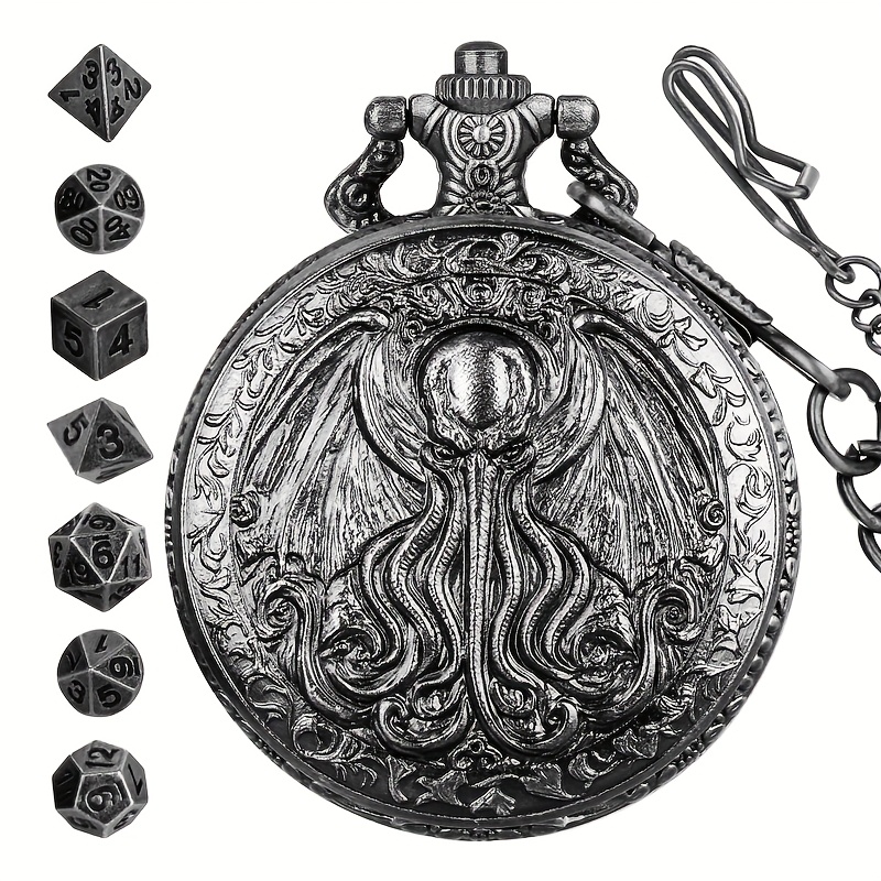 Vintage Winged Octopus Pocket Watch Case with Gaming Dice