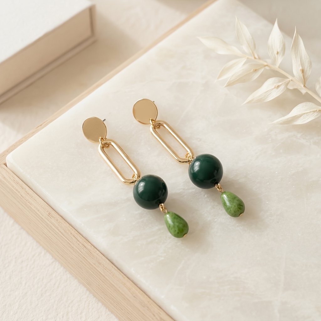 Women's Long Pendant Earrings with Dark Green Bead and Chain