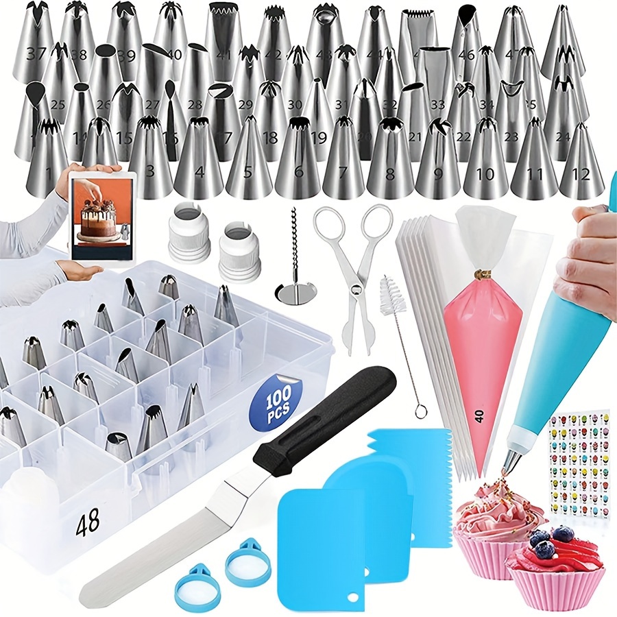 

74/100pcs, Including 48 Stainless Steel Piping Nozzles, Disposable Piping Bags, Reusable Piping Bags, Piping Nails, Piping Scissors, Cleaning Brushes And More