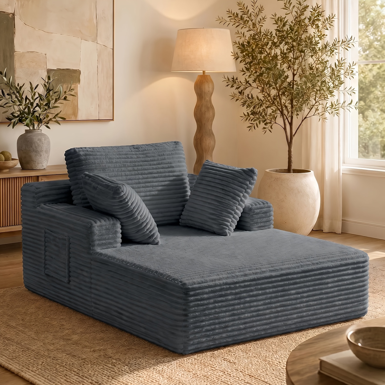 Sofa Bed Chaise Longue, No Assembly Small Sleeping Chair With Back Cushion, 2 Storage Pockets, 2 Throw Pillows, 105x160x80cm Multi-functional Couch For Living Room Bedroom Office Apartment