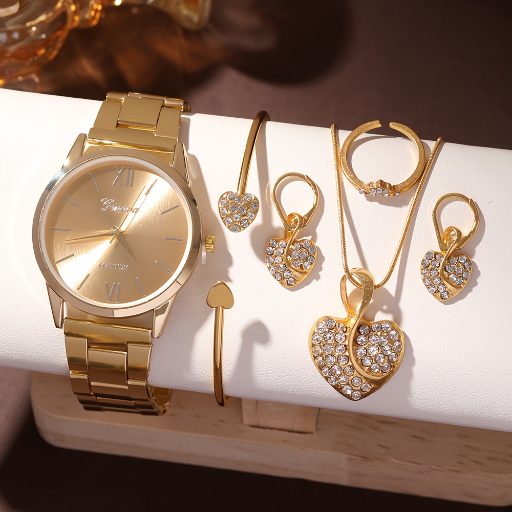 6pcs Elegant Women's Quartz Watch Set with Heart-Shaped Jewelry, Perfect Gift for Ladies, Non-Adjustable Alloy Strap, Classic Bar Markers Round Dial, Ideal Gift for Sisters and Mothers, Suitable for Ramadan or Casual Attire, No Packaging Box Included, Middle East Special Edition