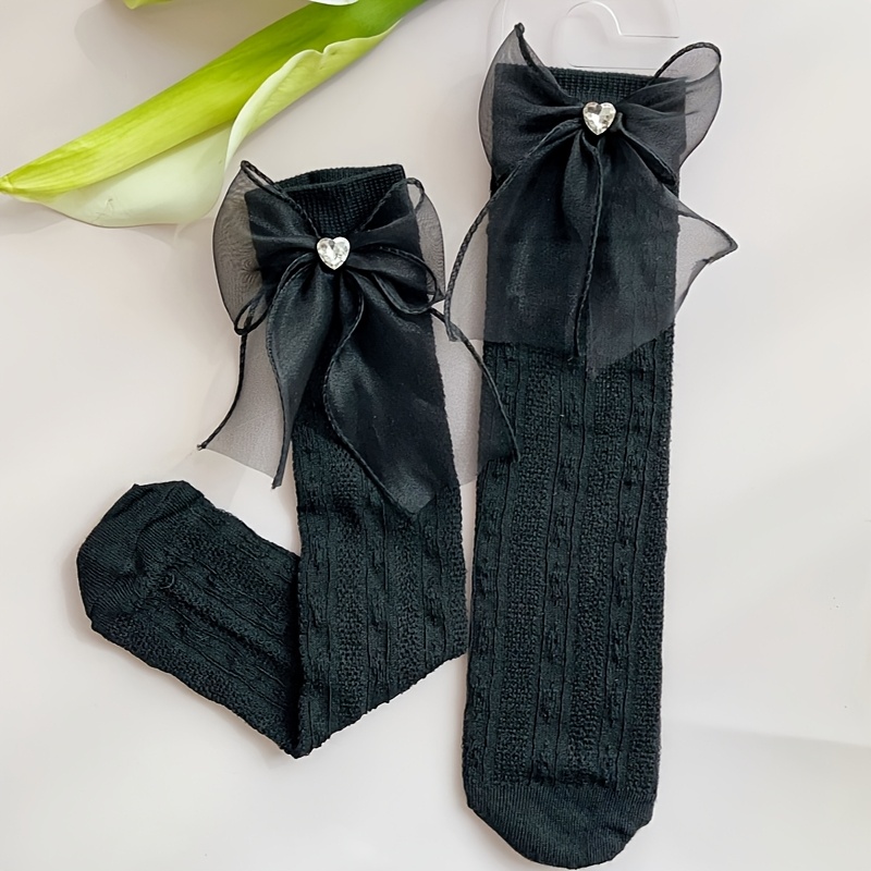 Image of Girls' Socks: Lightweight, Breathable Rhinestone Heart Bow Accessories Long Tube Socks For Back-to- - Cute And Sweet,fall And Winter Clothes
