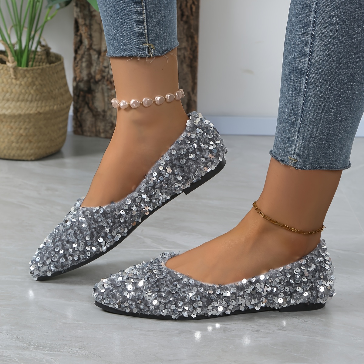 フラットシューズ HooKyang Harmony Glitter Flat Shoes Silver TT00053-ICE HooKyang Harmony Glitter Flat Shoes Silver TT00053-ICE