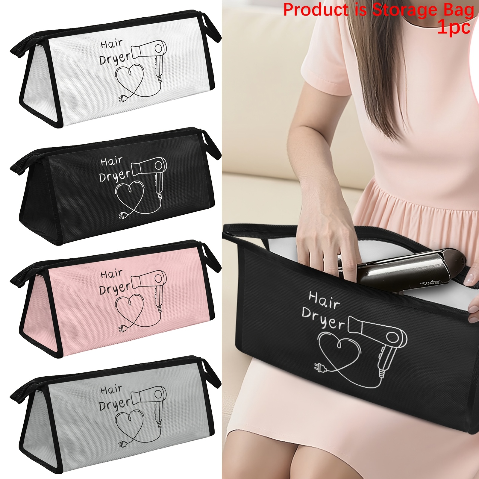 1pc hair dryer storage bag simple text hair dryer pattern styler organizer case foldable travel bag with handle smooth zipper closure suitable for     styler     small folding hair dryer