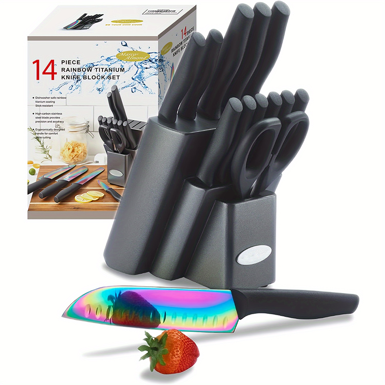 

Dishwasher Safe Knife Set, Mccook Tea25 14-piece Titanium Cutlery Rainbow Kitchen Knife Block Set, Black