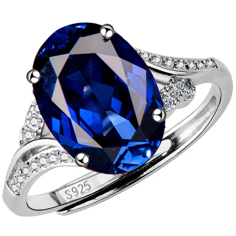 Image of 925 Silver Inlaid Synthetic Synthetic Gems Ring, Fashionable, Easy, Versatile, Personalized Blue Synthetic Gems, Adjustable Opening Ring, Gift For Mom On Holidays, Without Battery