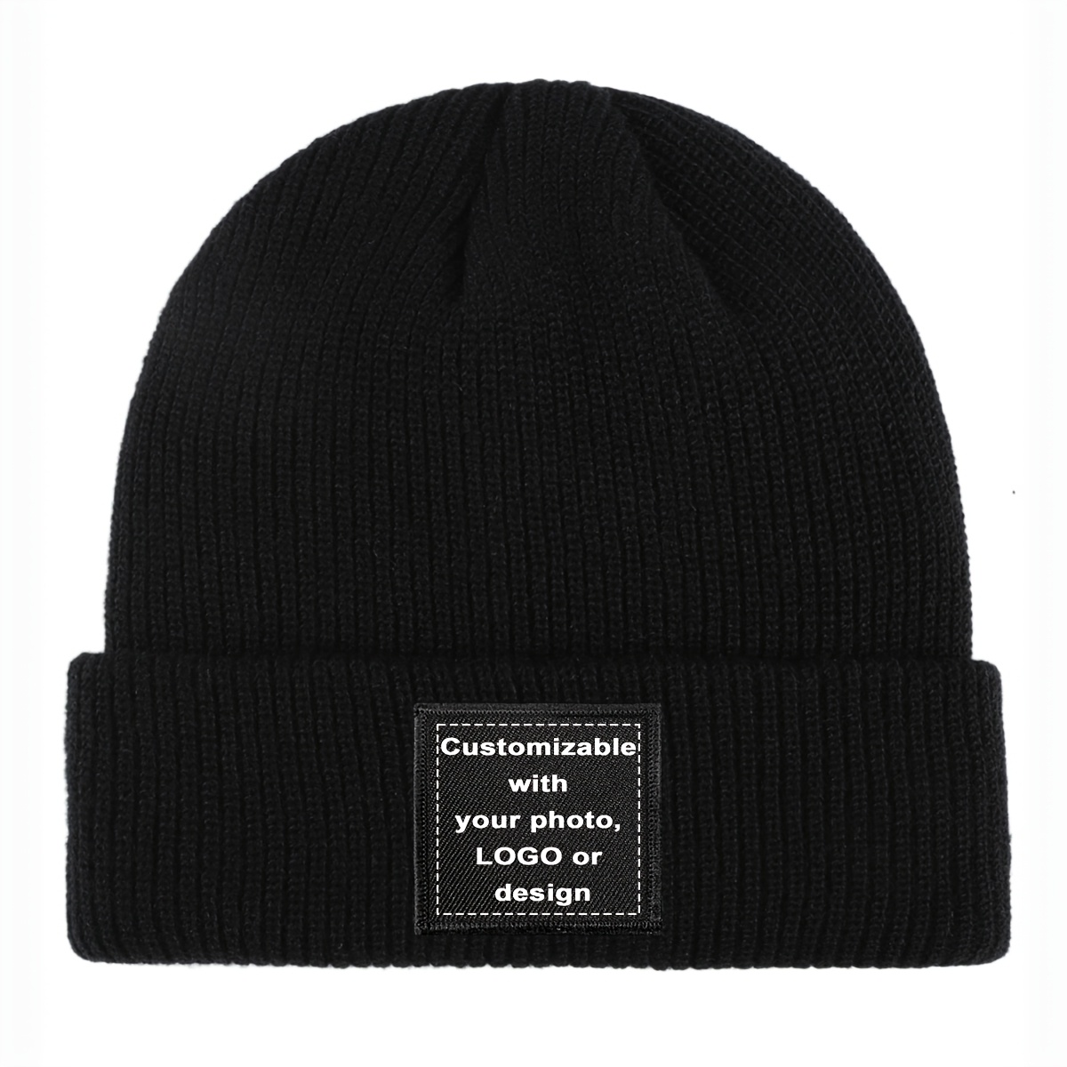 TEMU 1pc Men's Personalized Custom Photo/logo/text Winter Beanie Hat - Brimless Knit With Photo/logo/text Print On Black Square Block, Stretchy Soft
