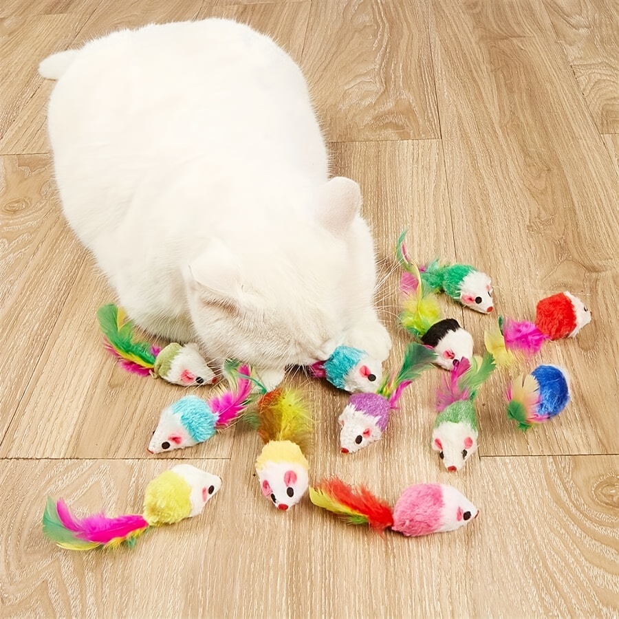 

30 Pcs Furry Cat Toys Squeak Mouse Rattle Mice Cat Catcher Pet Toys With Feather Tails (random Color)