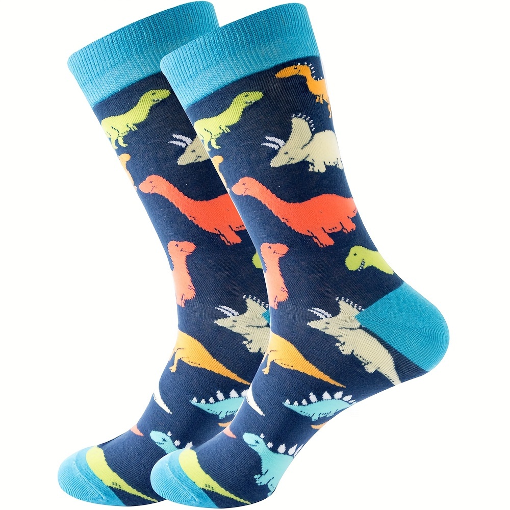 

1 Pair Of Men's Novelty Cartoon Dinosaur Pattern Crew Socks, Breathable Cotton Blend Comfy Casual Unisex Socks For Men's Outdoor Wearing