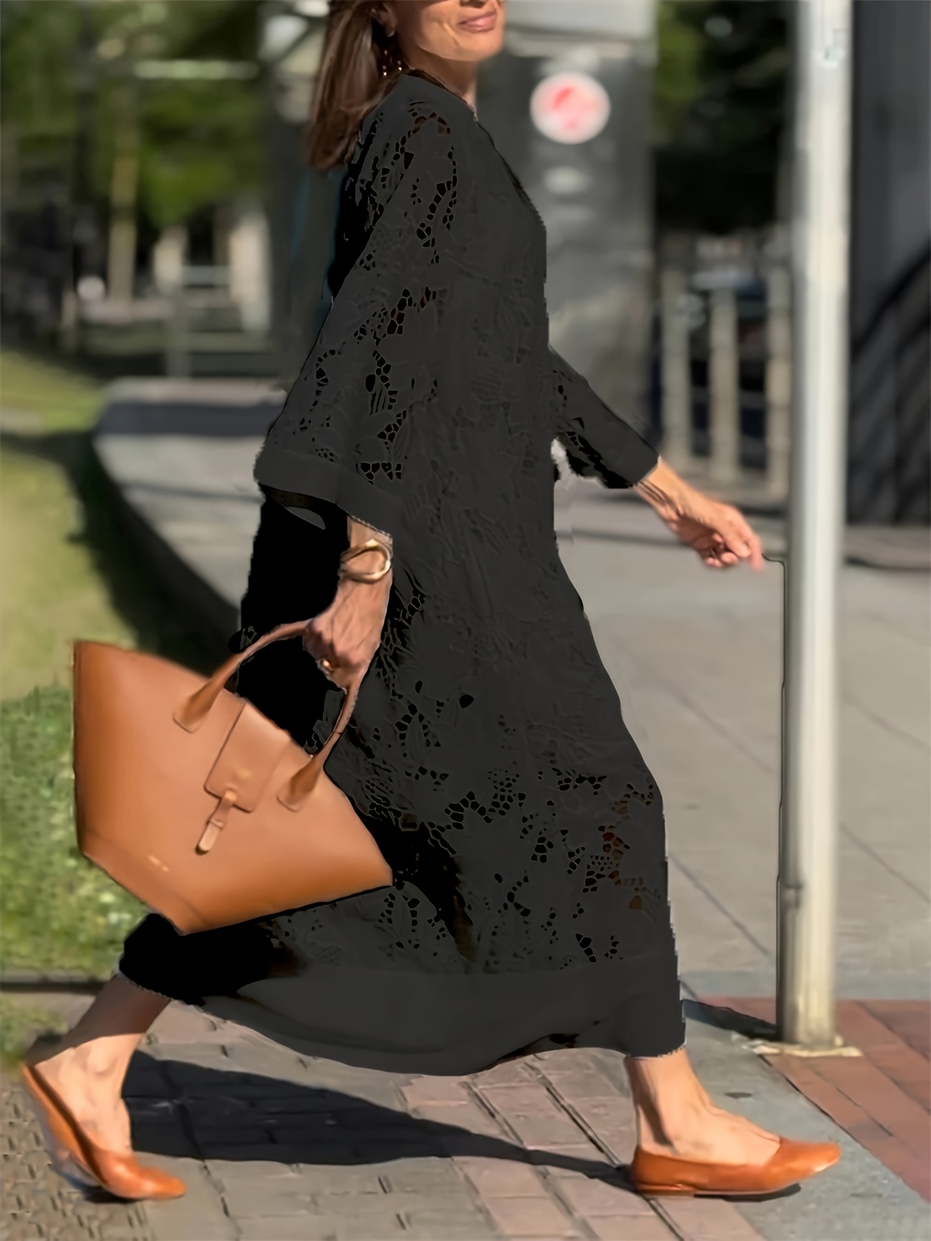 women's elegant v neck long sleeve lace overlay dress flowy