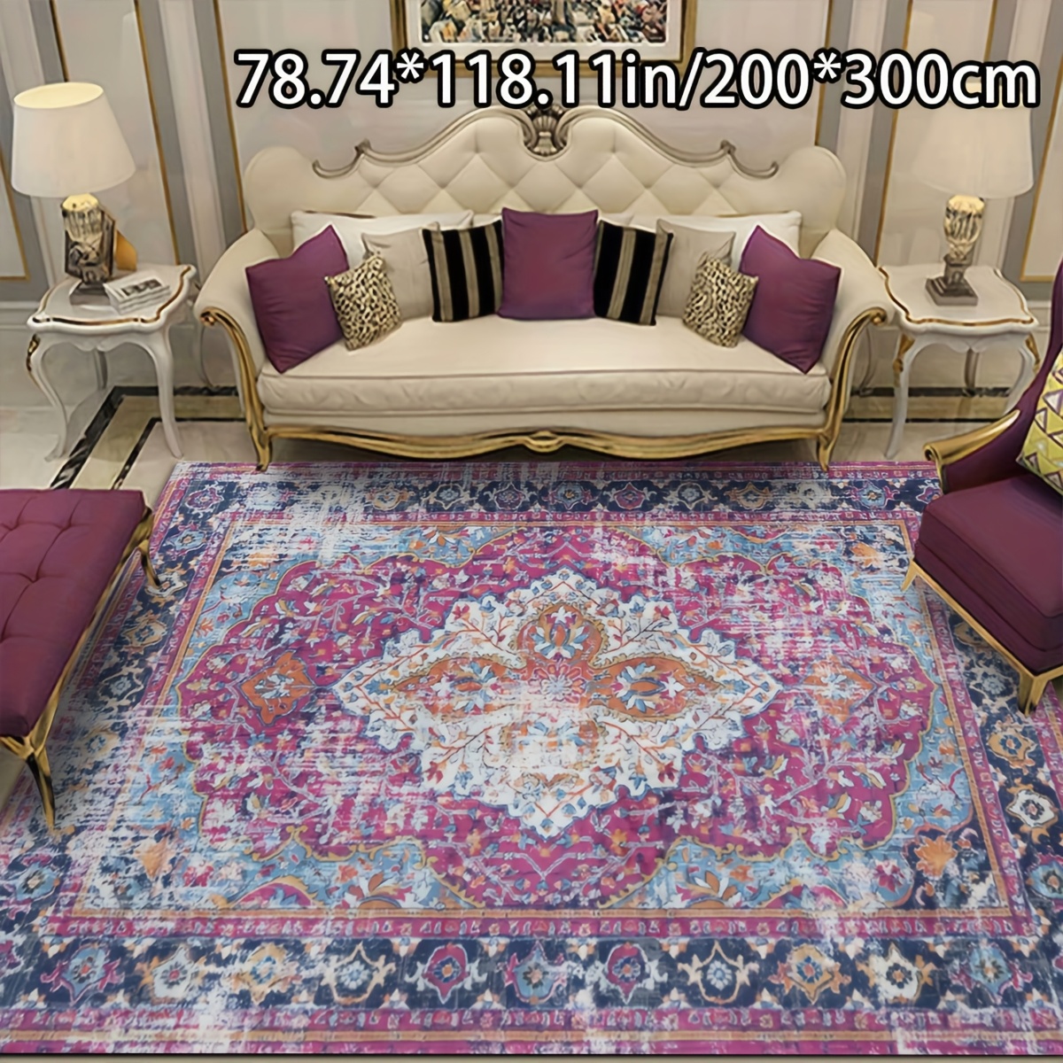 TEMU Soft Plush + Dotted Plastic Bottom, 1pc Soft Plush European-style Floral Classical Art Pattern Rug, Back-to-school Home Decor, Comfortable,