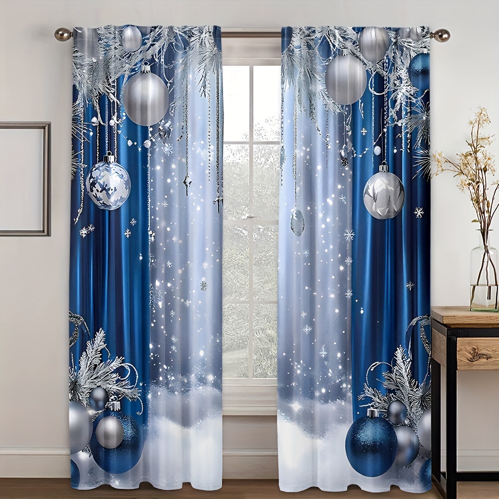 

2pcs Set Luxurious Blue & Silvery Christmas Ball Curtains - Semi-sheer Polyester, Rod For Easy Hanging - Living Room, Kitchen, Bedroom, Study, And Dining Decor