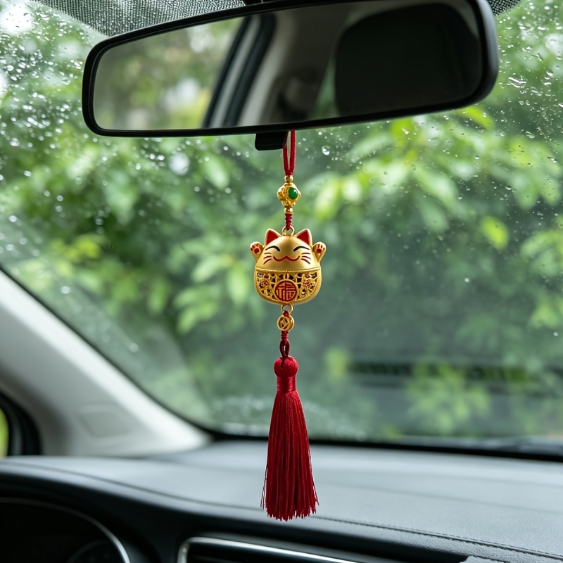 TEMU Fortune-bringing Cat Car Hanging Ornament, Car Rearview Mirror Hanging Accessory, Good Luck Gift