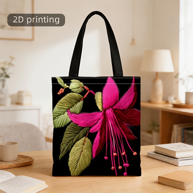 TEMU 1pc Of Crossbody And Handbag For Men And Women, 2d Embroidered-style Fuchsia Flower & Leaf Print Versatile Tote Crossbody Bag Unisex For Daily &