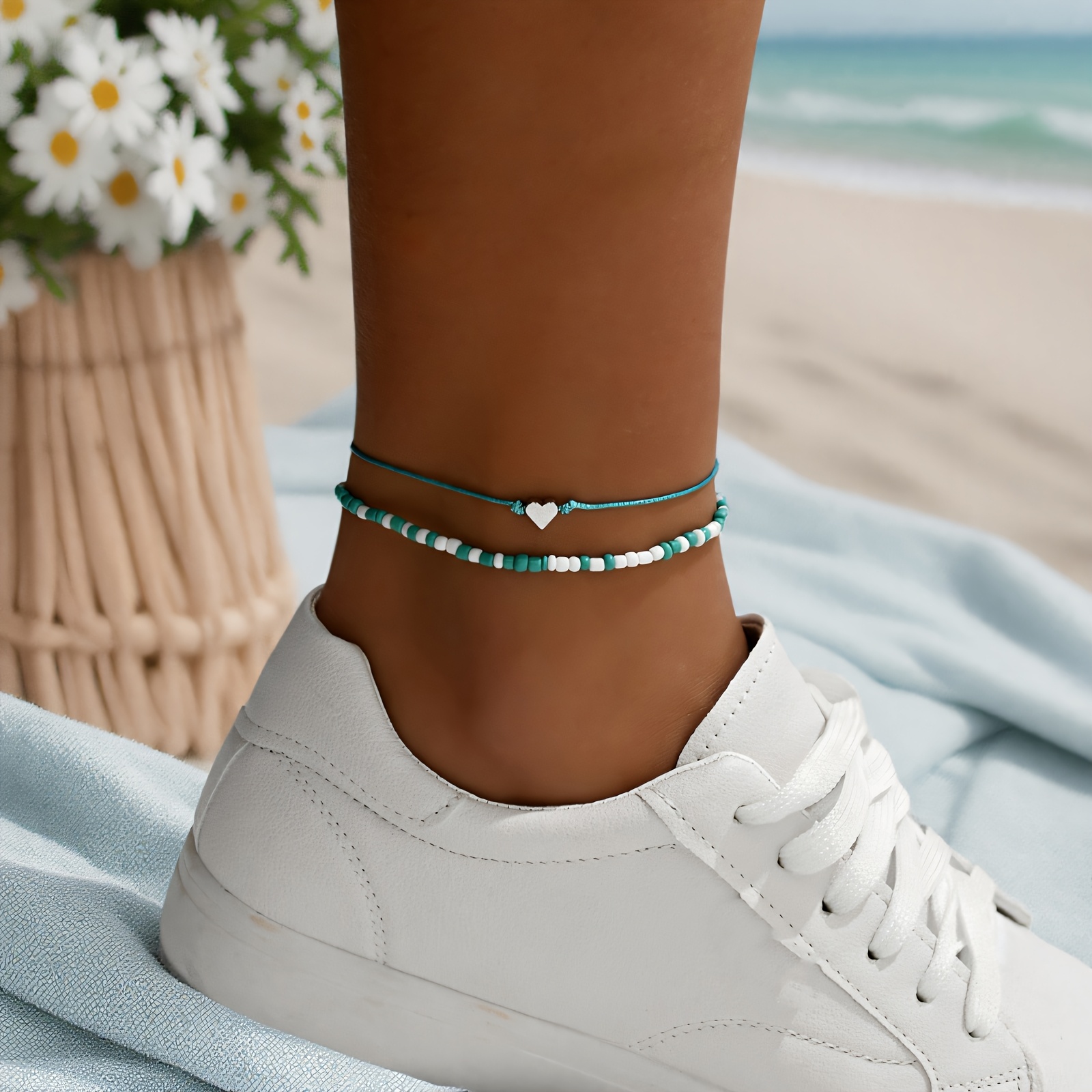 Image of 2 Casual Beach-style Rope Anklets With Random Colored Beads, Perfect For Women's Everyday Wear And Beach Vacations In Summer