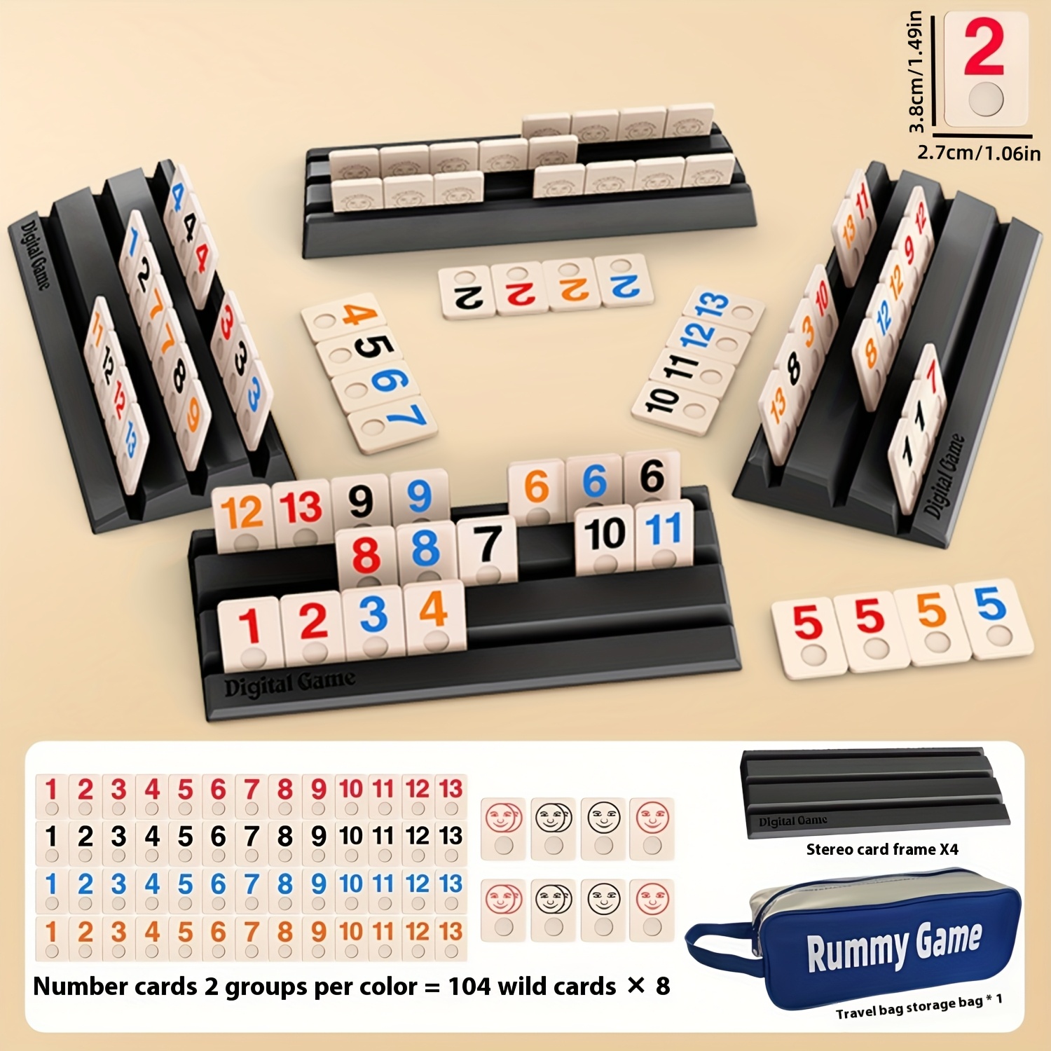 Large Rummy Number Cards - Fun Party Number Game, Rummy Card 4 Players Edition with 112 Cards and 4 Trays. Travel Rummy Collection and Portable Travel Bag, Strategy Board Game, Essential Family Game