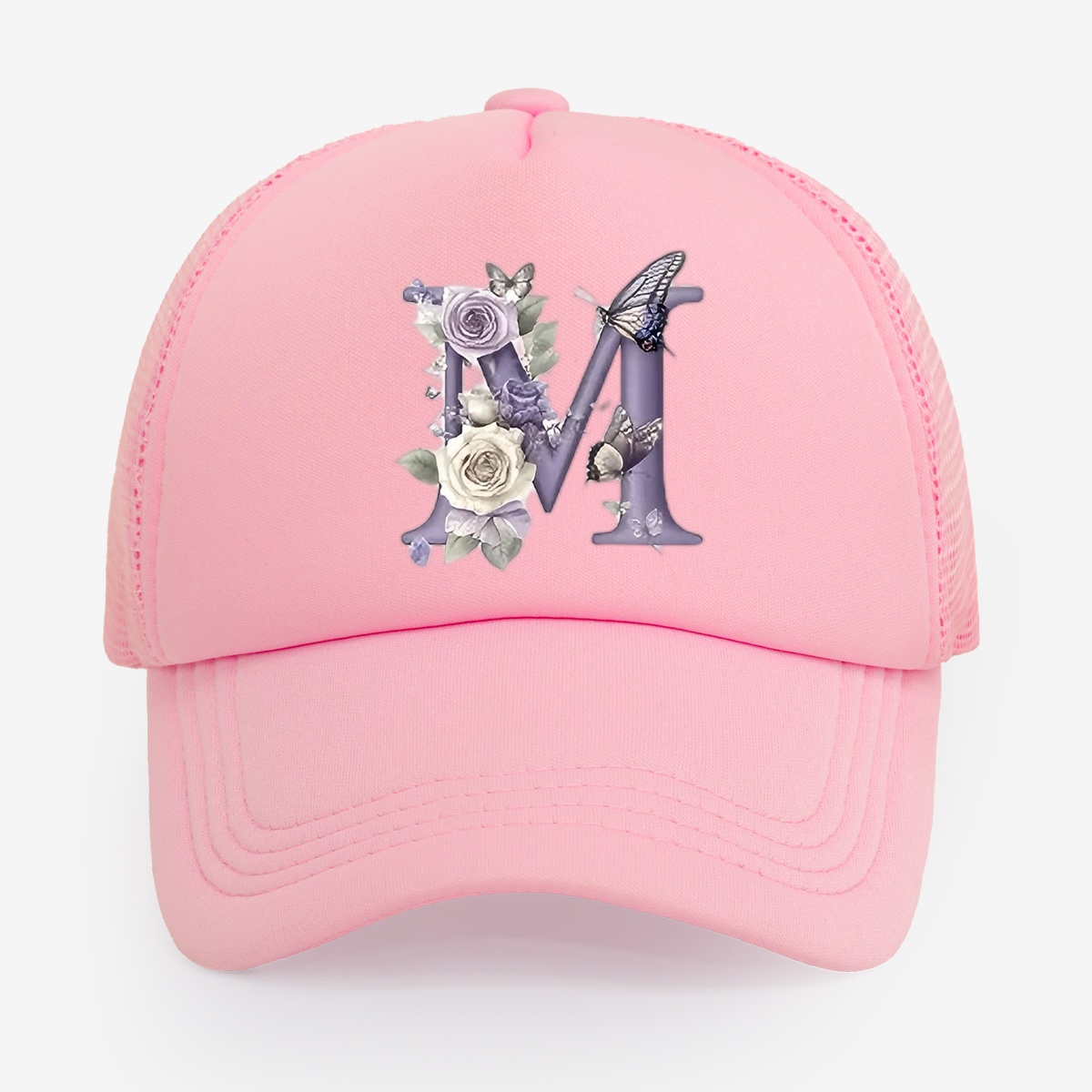 TEMU Ins-stijl roze mesh baseballpet voor dames met A-Z letter-, bloem- en vlinderprint, zomerse ademende casual snapback-pet