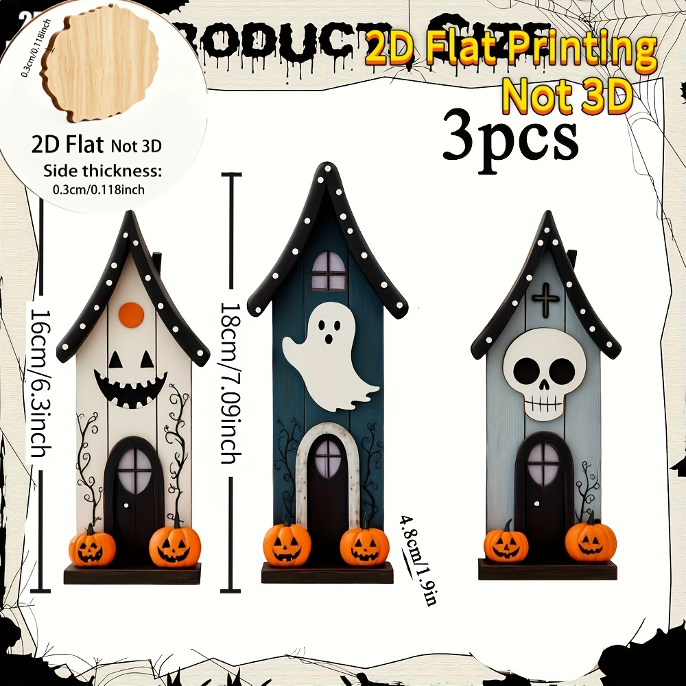 TEMU 2d Flat, 3pcs Set Of Wooden Cottage Desktop Ornaments, Each Style With An Individual Solid Wood Base To Stability. 3 Styles Of Rustic-themed