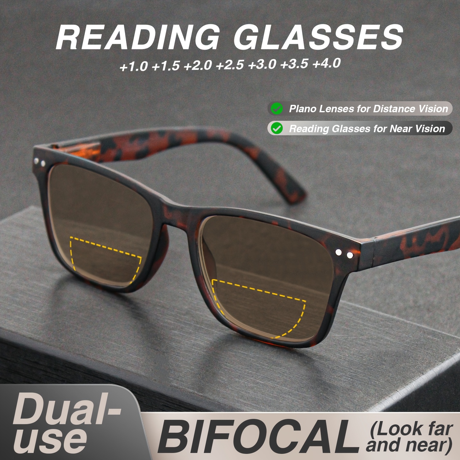 1pc Bifocal Reading Glasses for Men and Women, with Unique Spring Hinge, Dual Magnification Lenses for Far and Close Vision, PC Lens, Plastic Frame, Essential Accessory