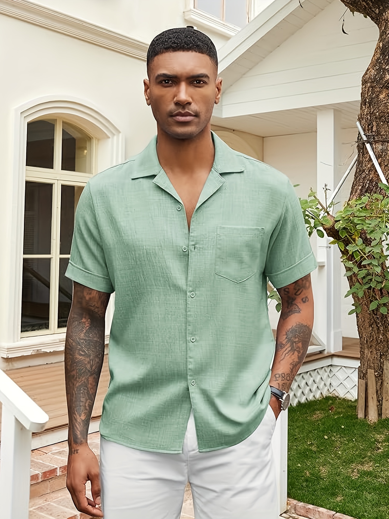 Mens Casual Short Sleeve Button Down Shirts Cuban Linen Textured Shirt  Summer Beach Wear
