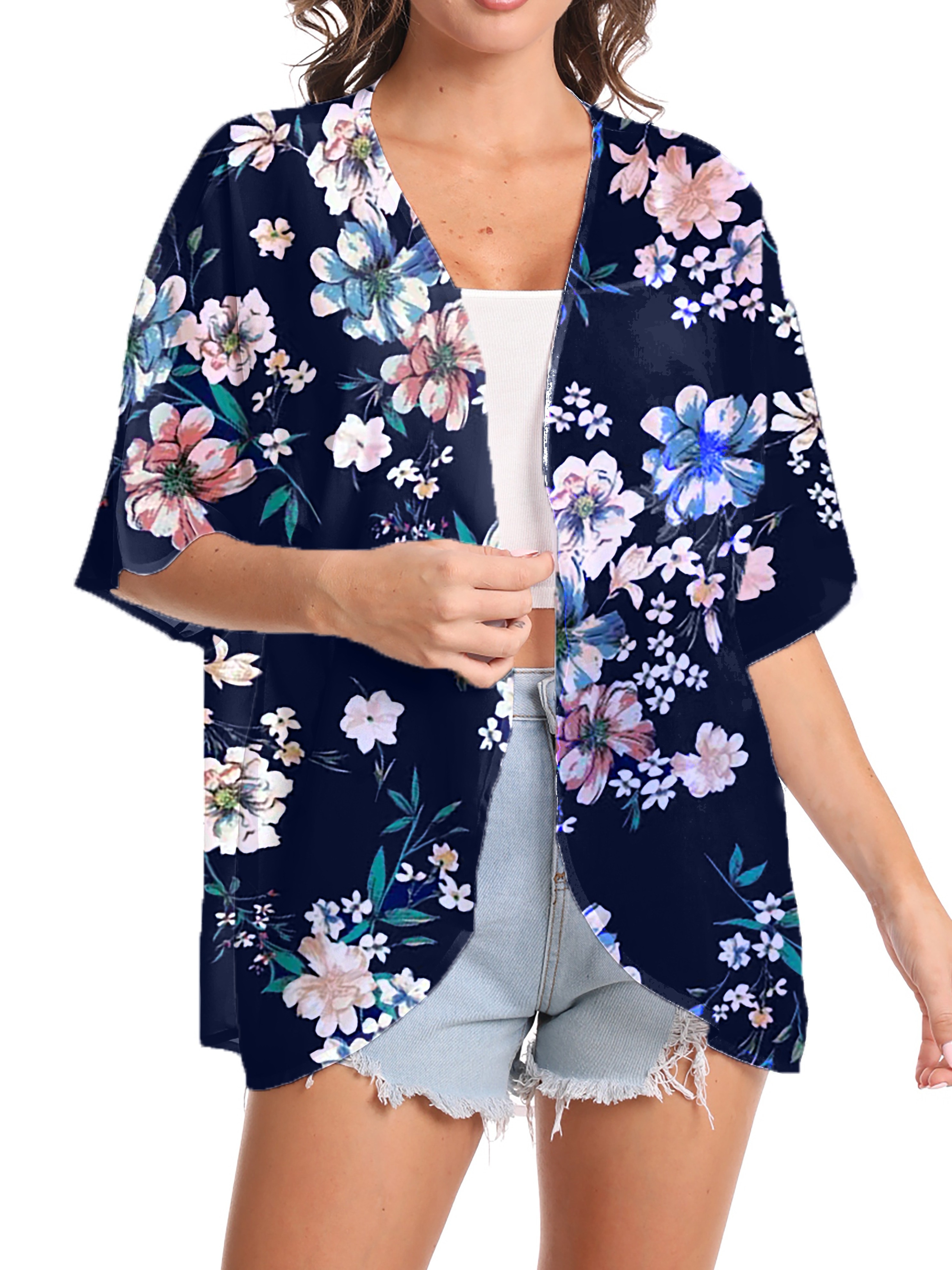 Floral Print Cover Up Cardigan, V Neck Loose Fit Half Sleeves Casual Beach Kimono, Women's Swimwear & Clothing