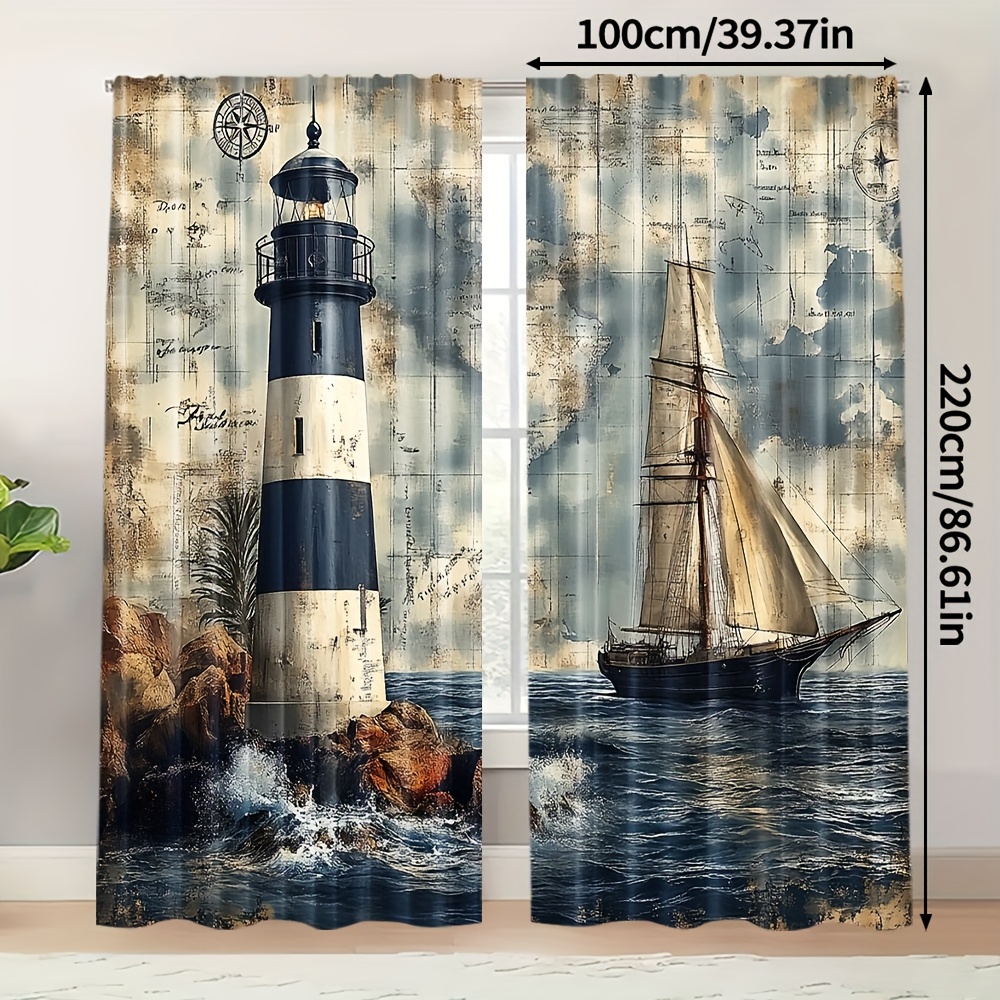 TEMU 2 Pezzi di Tende a Tema Nautico - Stampe di Navi da Vela, e con Bussola, Tende in Poliestere 100% Durevoli Filtranti Luce per Cucina, Soggiorno,