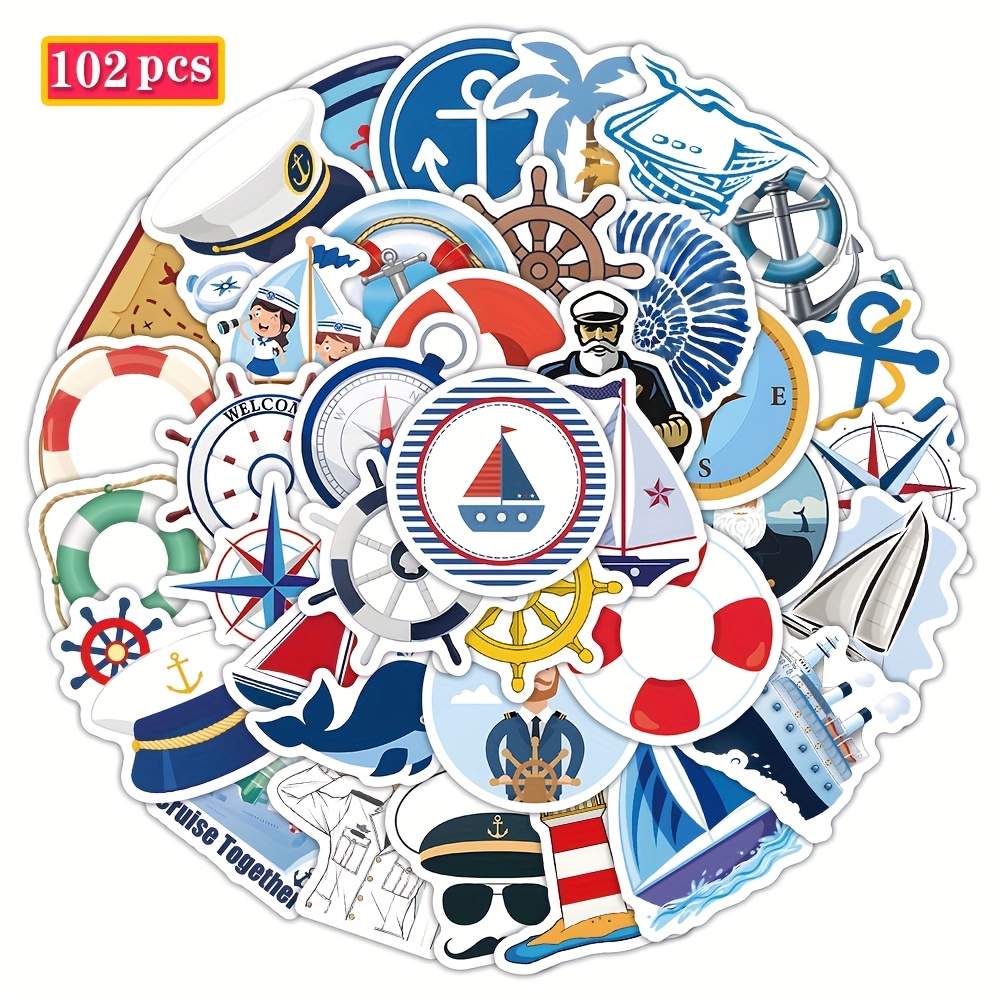 Image of 102pcs Blue Nautical-themed Decorative Stickers Featuring Ship Anchors, , Sailing Ships, And ' Patterns. Outdoor Cycling Helmet And Bicycle Decorative Stickers. Ocean And Creative Decorative Stickers