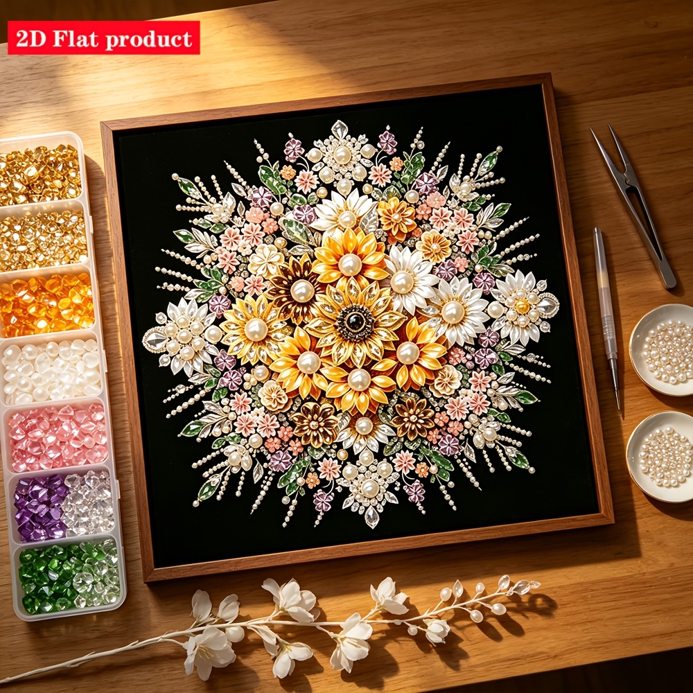 TEMU 2d Flat Black Background Jewelry Sunflower Bouquet Diamond Painting, Adult Stress-relief Diy Decorative Handicraft Diamond Painting Kit, Mosaic