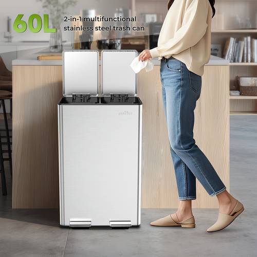 item picture mvm 60l stainless steel pedal recycling bin dual compartment waste rubbish close lid design 2 removable inner bins fingerprint rust proof large capacity for home kitchen office commercial public areas